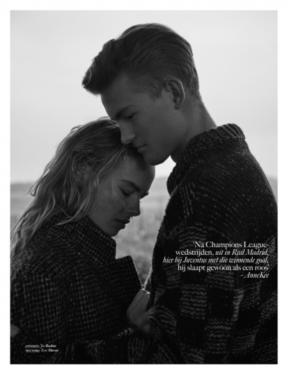 Super nice very personal cover story Annekee Molenaar and Matthijs de Ligt for Dutch Men Vogue, captured by Marc de Groot, Styled by Mr. van Heel, Hair by Siko van Berkel, Makeup/grooming by Siddharta 