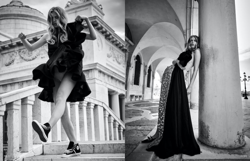 Smiley Annemara Post dances through Venetia for Jan Magazine, Photographer Eric van den Elsen, Stylist Linda Gumus Gerritsen, Hair and make-up Evelyn Dupuy Ferrer 