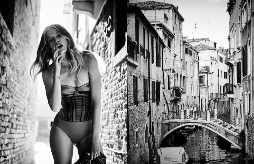 Smiley Annemara Post dances through Venetia for Jan Magazine, Photographer Eric van den Elsen, Stylist Linda Gumus Gerritsen, Hair and make-up Evelyn Dupuy Ferrer 